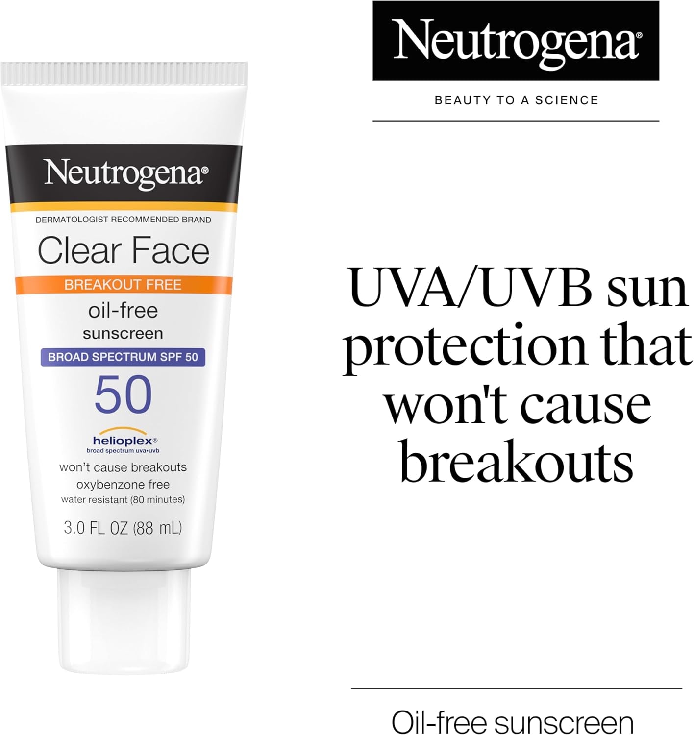 Clear Face Sunscreen Lotion for Acne-Prone Skin, Broad Spectrum SPF 50 Facial Sunscreen for Oily Skin, Oil-, Fragrance- & Oxybenzone-Free Water Resistant Sunscreen, 3 Fl. Oz